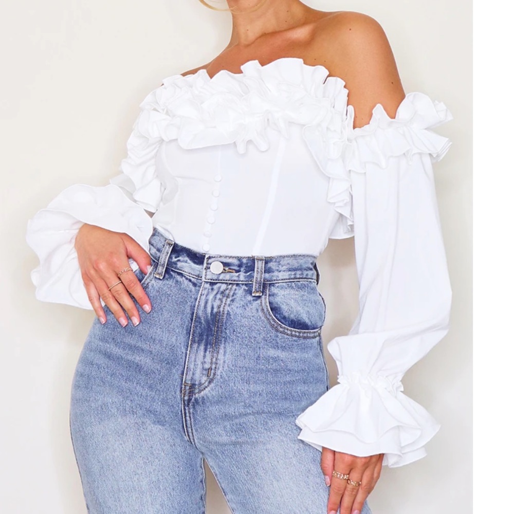 PLT White long sleeve Bardot frill crop top